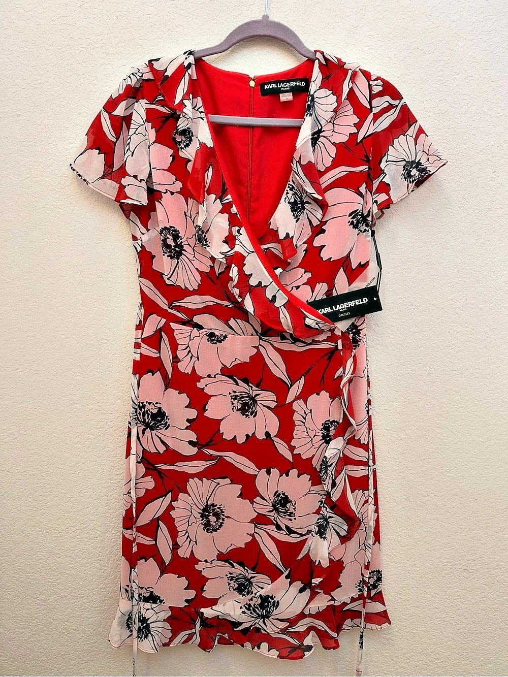 Karl Lagerfeld Floral Wrap Mini Dress in Red & White Size 4 NWT